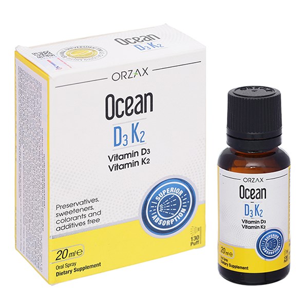 Orzax Ocean D3K2 Hỗ Trợ Hấp Thu Canxi, 20 Ml Dạng Nhỏ Giọt Và Xịt (Từ 0 Tháng)