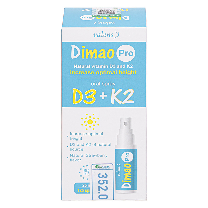 Lọ xịt Valens Dimao Pro D3+K2 hỗ trợ hấp thu canxi 25 ml (từ 0 tháng)