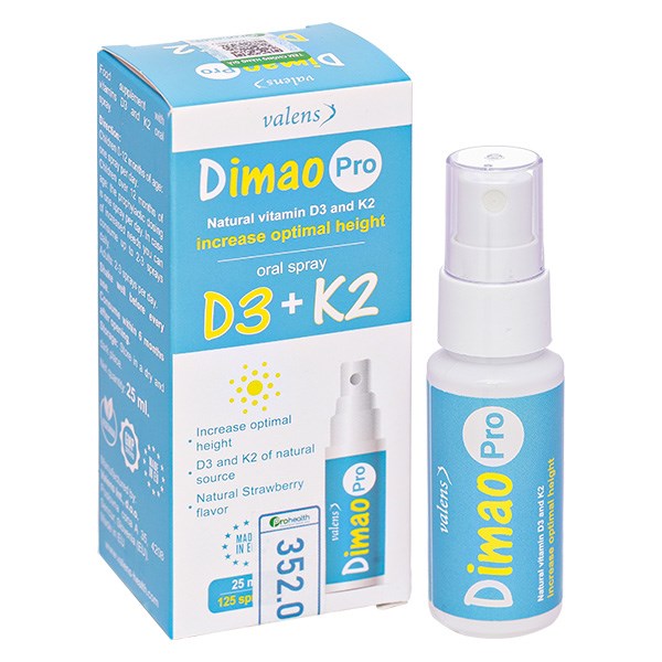 Valens Dimao Pro D3+K2 Hỗ Trợ Hấp Thu Canxi Hương Dâu, 25 Ml Dạng Xịt (Từ 0 Tháng)