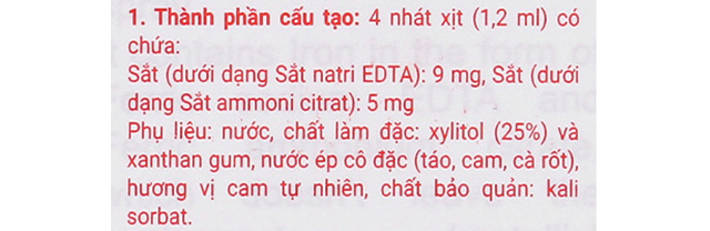 Thành phần lọ xịt Valens Fe-max bổ sung sắt, hỗ trợ tạo máu 50 ml (từ 1 tuổi)