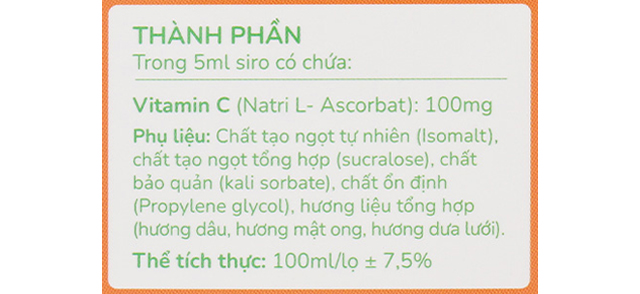 Thành phần - Siro Kentek Healthy Kid Vitamin C hỗ trợ tăng cường sức đề kháng 100 ml (từ 1 tuổi)