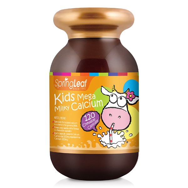 Springleaf Kids Mega Milky Calcium Hỗ Trợ Xương, Răng Chắc Khỏe Hương Vani, Sữa, 120 Viên Dạng Viên (Từ 1 Tuổi)