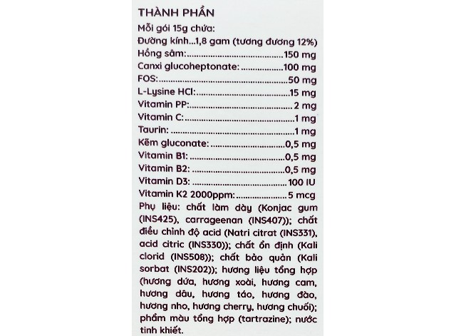 Thành phần thạch M'Smarty Red Ginseng bổ sung vitamin và khoáng chất 24 gói (từ 1 tuổi)
