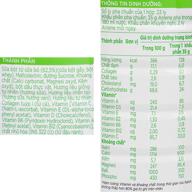 Thành phần dinh dưỡng sữa bột người lớn Anlene Gold 3X hương vani 800g