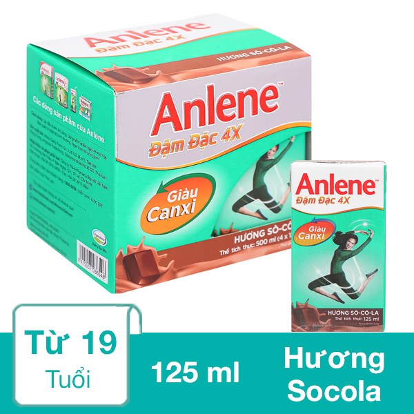 Lốc 4 Hộp Sữa Bột Người Lớn Pha Sẵn Anlene Đậm Đặc 4X Hương Socola 125 Ml