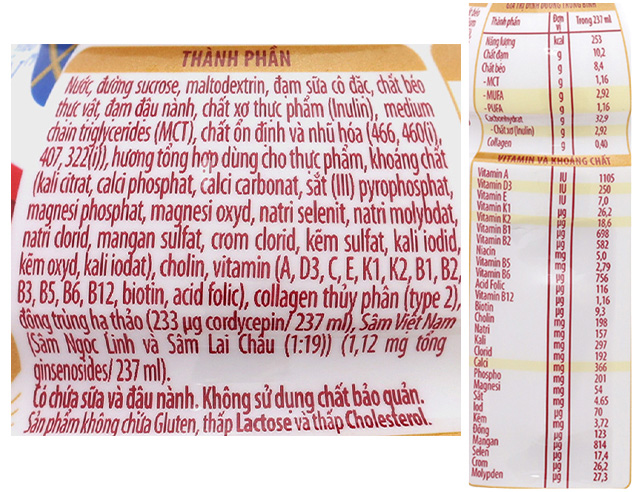 Lốc 6 chai sữa bột người lớn pha sẵn Nutifood Varna Elite hương sâm 237 ml - Thành phần dinh dưỡng