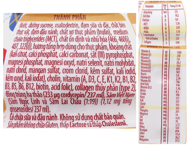 Thành phần - Thùng 24 chai sữa bột người lớn pha sẵn Nutifood Varna Elite hương sâm 237 ml
