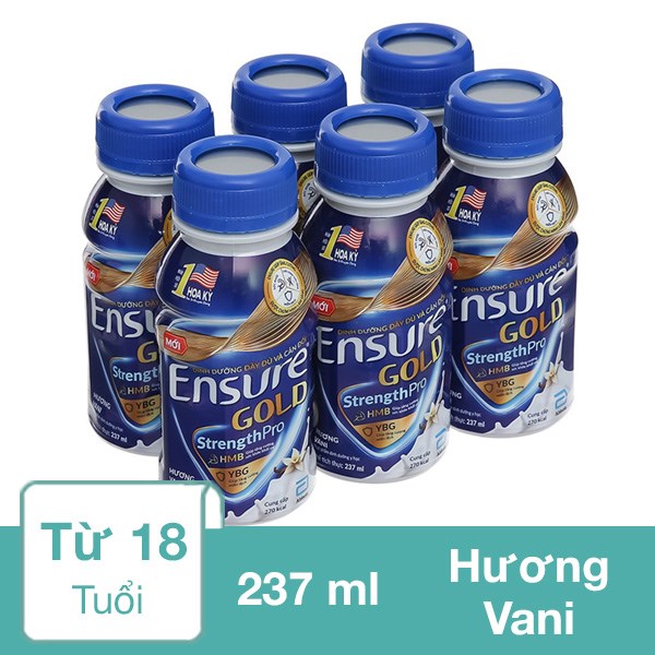 Lốc 6 Chai Sữa Bột Người Lớn Pha Sẵn Ensure Gold Hương Vani 237 Ml