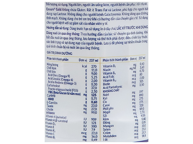 Thành phần lốc 6 chai sữa bột người lớn pha sẵn Ensure Gold hương vani 237 ml
