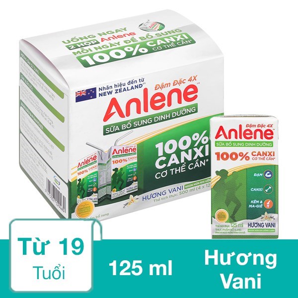 Lốc 4 Hộp Sữa Bột Người Lớn Pha Sẵn Anlene Đậm Đặc 4X Hương Vani 125 Ml