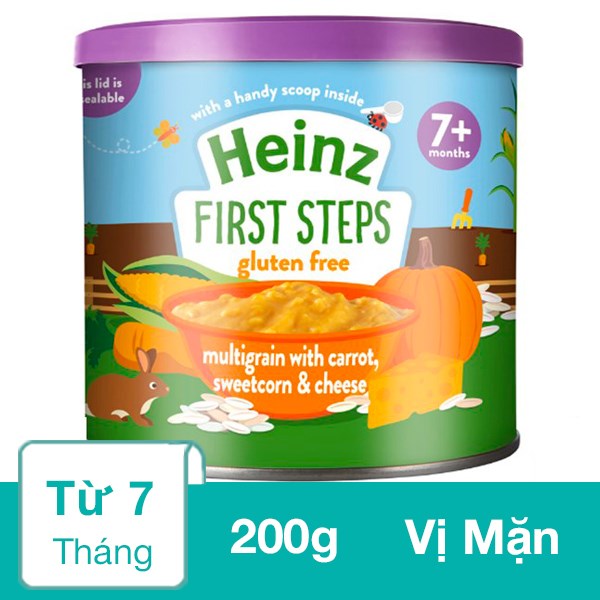 Bột ăn dặm Heinz bột ngũ cốc, cà rốt, phô mai và bắp ngọt lon 200g (từ 7 tháng)