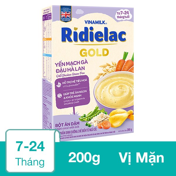 Bột ăn dặm Vinamilk RiDielac Gold yến mạch, gà và đậu Hà Lan hộp 200g (7 – 24 tháng)