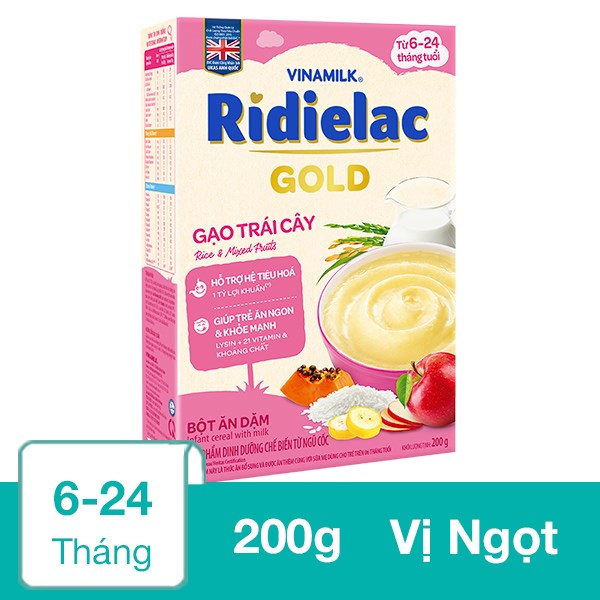 Bột ăn dặm Vinamilk RiDielac Gold gạo, trái cây hộp 200g (6 – 24 tháng)