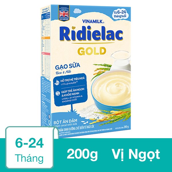 Bột ăn dặm Vinamilk RiDielac Gold gạo, sữa hộp 200g (6 – 24 tháng)