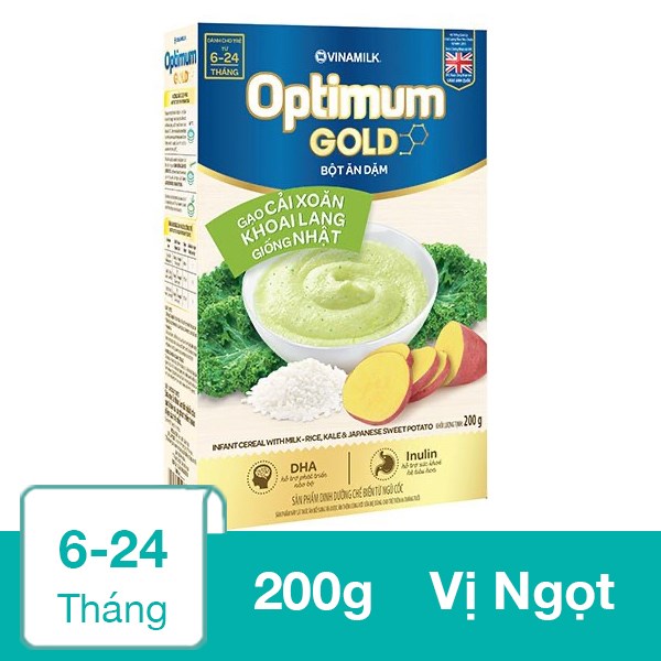 Bột ăn dặm Optimum Gold gạo, cải xoăn và khoai lang hộp 200g (6 - 24 tháng) - AVAKids.com