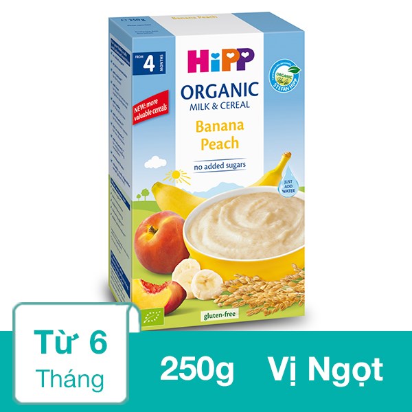 Bột Ăn Dặm Hipp Sữa, Ngũ Cốc, Chuối Và Đào Hữu Cơ Hộp 250G (Từ 6 Tháng)