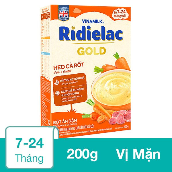 Bột ăn dặm Vinamilk RiDielac Gold heo, cà rốt hộp 200g (7 – 24 tháng)