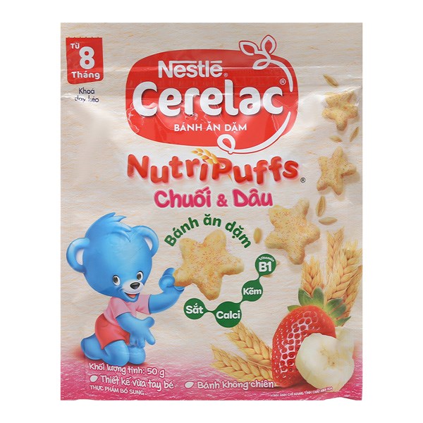 Bánh ăn dặm Nestlé Cerelac NutriPuffs vị chuối, dâu gói 50g (từ 8 tháng)