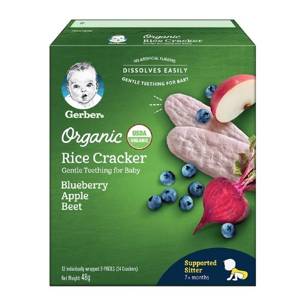 Bánh gạo ăn dặm Gerber Organic Rice Cracker vị việt quất, táo và củ dền hộp 48g (từ 7 tháng)