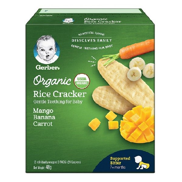 Bánh gạo ăn dặm Gerber Organic Rice Cracker vị xoài, chuối và cà rốt hộp 48g (từ 7 tháng)