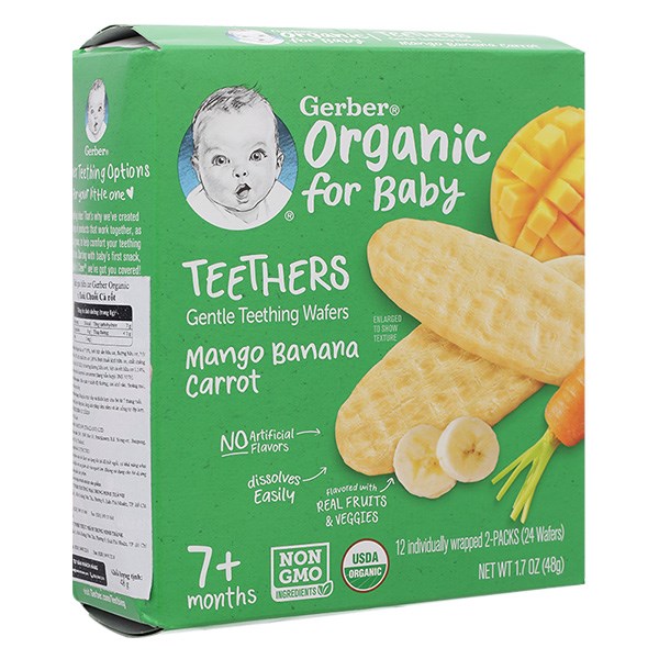 Bánh Gạo Ăn Dặm Gerber Organic Teethers Vị Xoài, Chuối Và Cà Rốt Hộp 48G (Từ 7 Tháng)