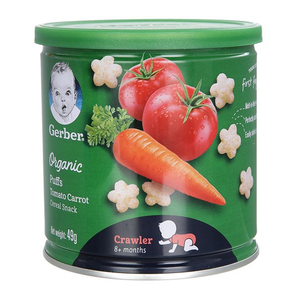 Bánh ăn dặm Gerber Organic Puffs vị cà chua, cà rốt lon 49g (từ 8 tháng) - AVAKids.com