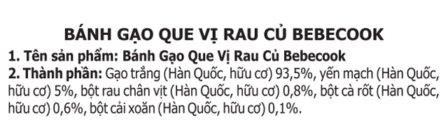 Bánh gạo ăn dặm BeBecook vị rau củ gói 25g (từ 7 tháng) - Thành phần