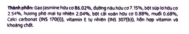 Thành phần dưỡng chất bánh gạo ăn dặm Nobi Nobi vị cải xoăn, súp lơ và phô mai gói 15g (từ 8 tháng)