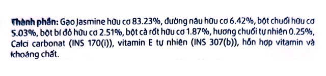 Bánh gạo ăn dặm Nobi Nobi vị chuối, bí đỏ và cà rốt gói 15g (từ 8 tháng) - Thành phần dinh dưỡng