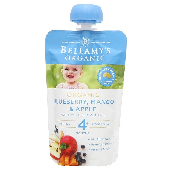 Dinh dưỡng trái cây nghiền Bellamys Organic việt quất, xoài và táo hữu cơ túi 120g (từ 4 tháng) - AVAKids.com