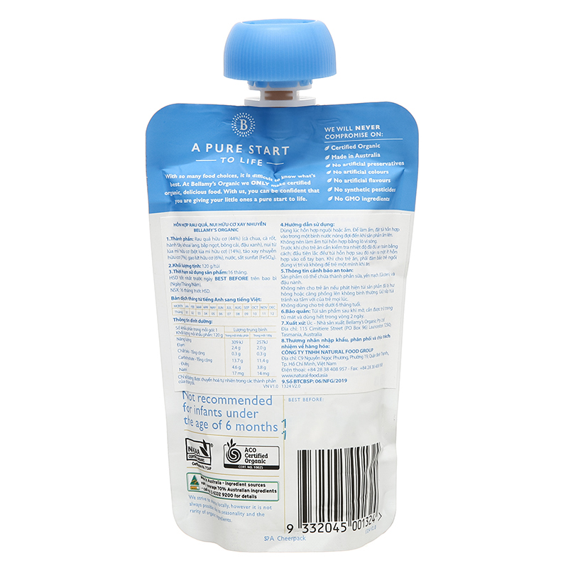 Dinh dưỡng ăn dặm Bellamy's Organic rau quả, nui hữu cơ gói 120g (từ 6 tháng) 2
