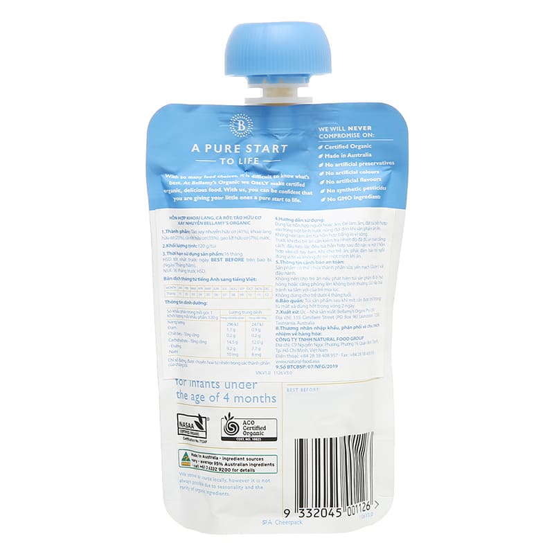 Dinh dưỡng ăn dặm Bellamy's Organic khoai lang, cà rốt và táo gói 120g (từ 4 tháng) 2
