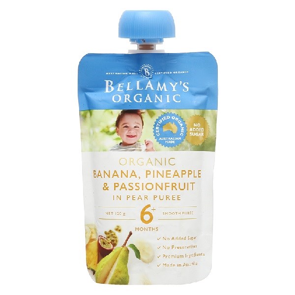 Dinh dưỡng trái cây nghiền Bellamys Organic lê, chuối, dứa và chanh dây túi 120g (từ 6 tháng) - AVAKids.com