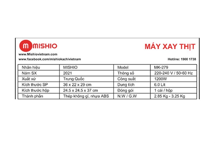 Máy xay thịt đa năng Mishio MK-279 1200W 6 lít Màu Trắng - Đen