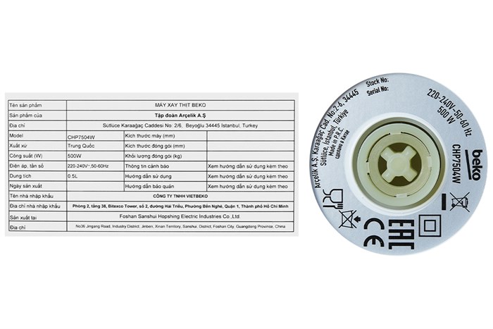 Máy xay thịt mini Beko CHP7504W 500W 0.5 lít Màu Trắng - Xám