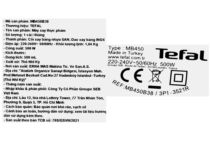 Máy xay thịt mini Tefal MB450B38 500W 0.5 lít Màu Trắng