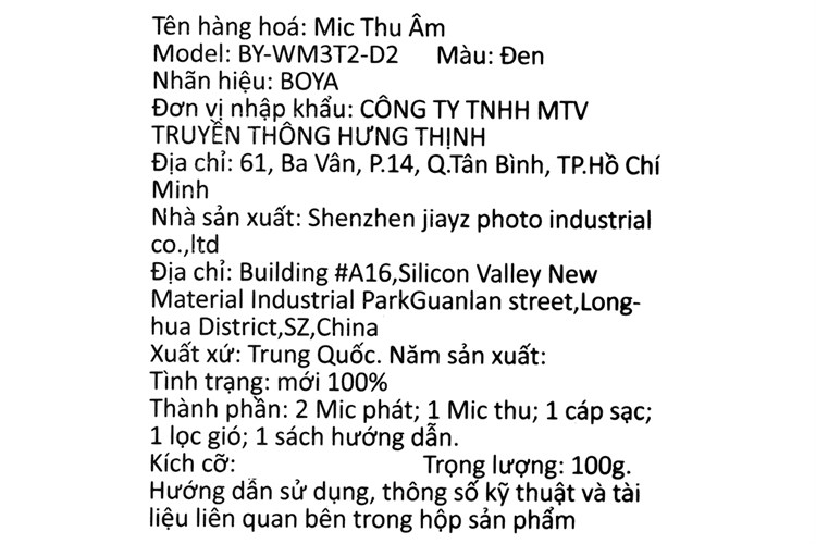 Micro cài áo không dây Lightning BOYA BY-WM3T2-D Màu Đen