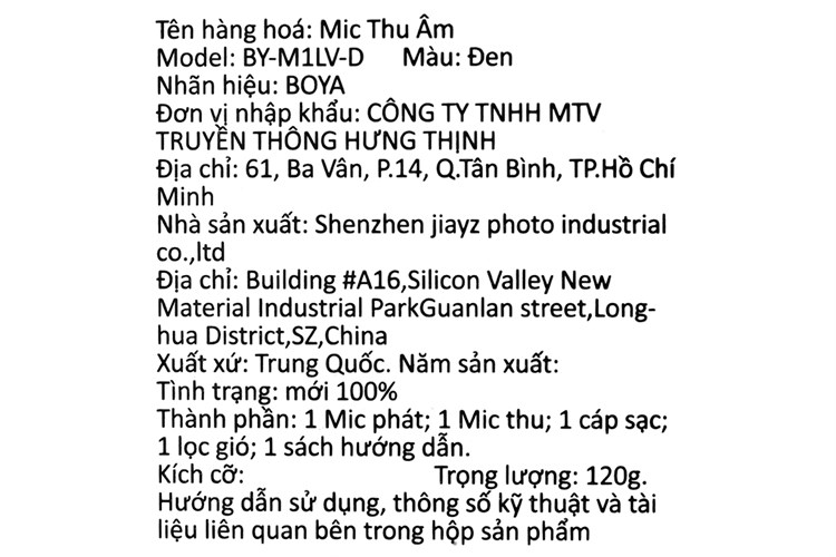 Micro cài áo không dây Lightning BOYA BY-M1LV-D Màu Đen