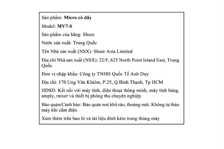 Micro có dây Shure MV7 S Màu Bạc