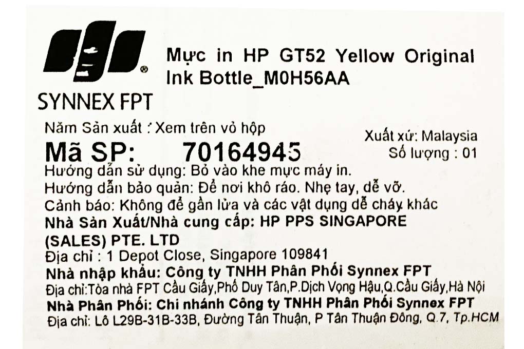 Mực in phun HP GT52 Vàng M0H56AA (dành cho HP Ink Tank 115, 315, 415, Smart Tank 580, 210 và 520) Màu Vàng