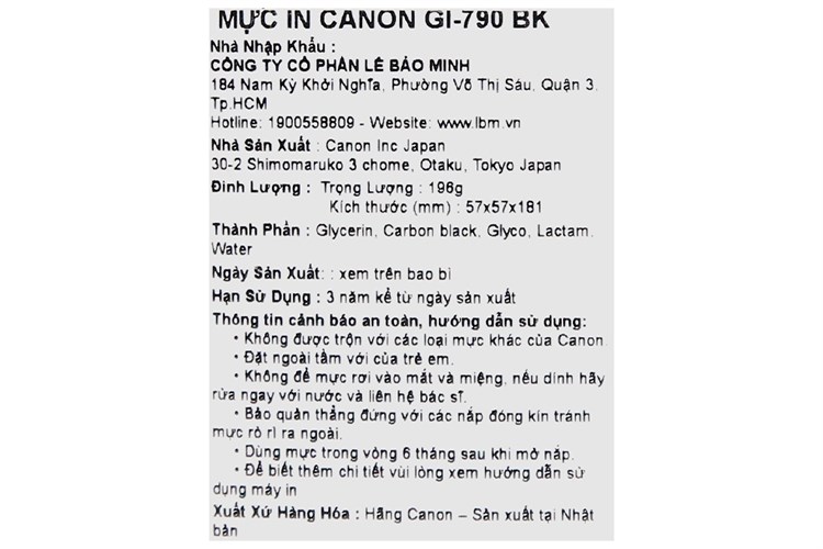 Hộp mực in phun Canon GI-790 BK Đen (dành cho Canon dòng G-G1010/G2000/G2010G2012/G3000/G3010/G3012) Màu Đen