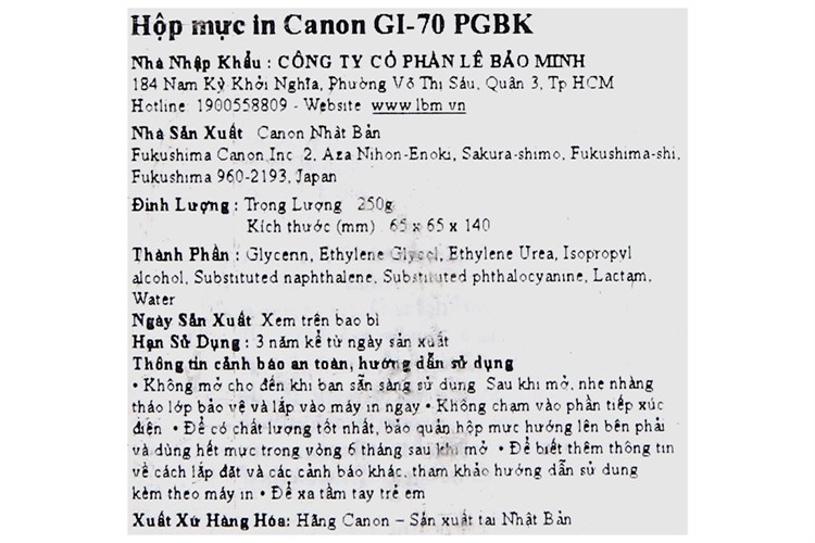 Hộp mực in phun Canon GI-70 PGBK Đen (dành cho Canon GM2070)