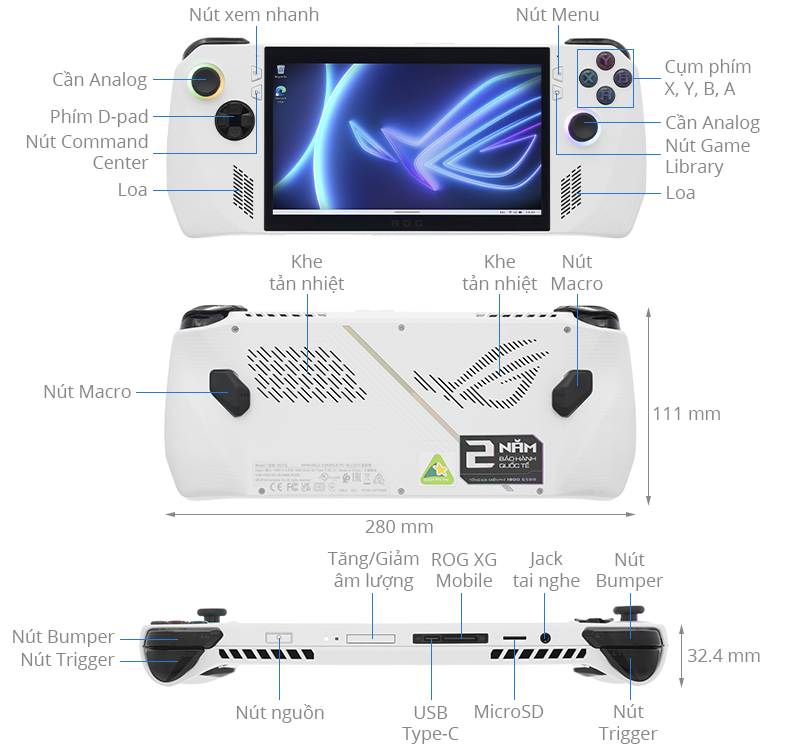 Máy chơi game cầm tay Asus ROG Ally RC71L Ryzen Z1 Extreme/16GB/512GB/120Hz/Win11 (NH001W)