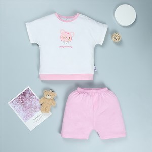 Bộ tay ngắn bé gái BabyMommy cài vai in chuột màu trắng - hồng
