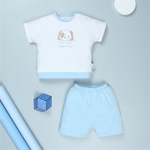 Bộ tay ngắn bé trai BabyMommy cài vai in cún màu trắng - xanh dương