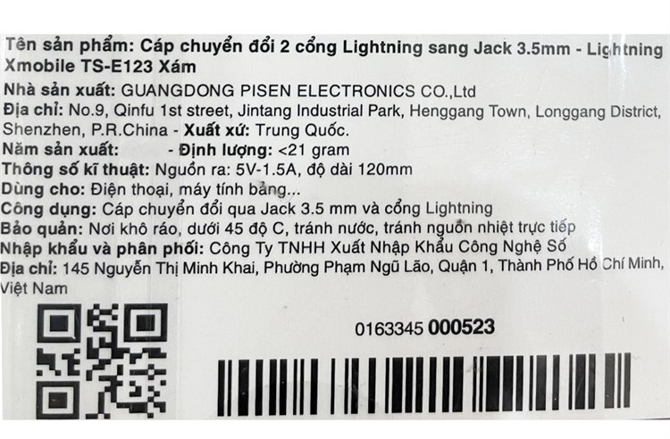 Cáp chuyển đổi 2 cổng lightning sang 3.5mm Xmobile TS-E123 Xám Màu Xám
