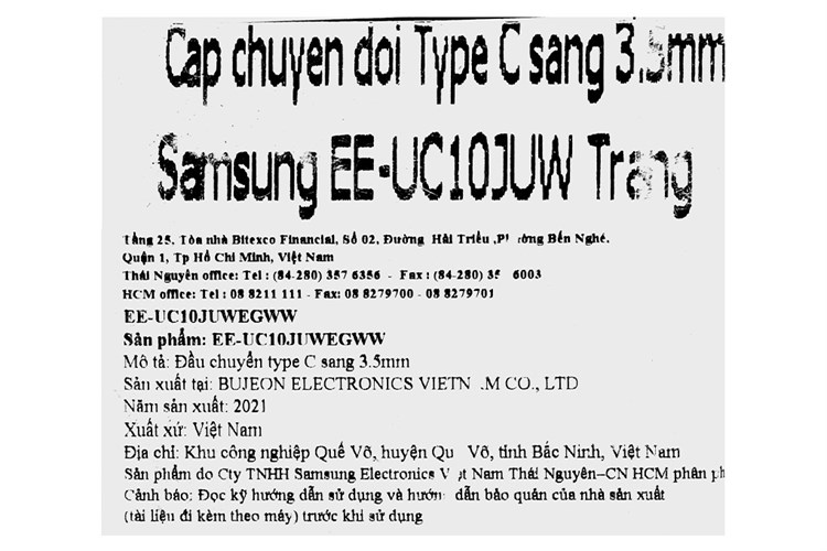 Cáp chuyển đổi Type C sang 3.5mm Samsung EE-UC10JUW Trắng Màu Trắng