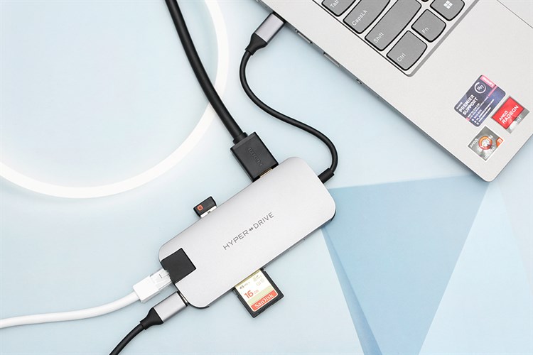 Adapter chuyển đổi USB C 8 in 1 HyperDrive HD247B Màu Xám