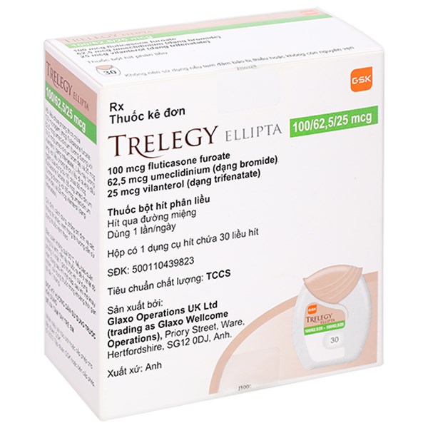 Bột hít phân liều Trelegy Ellipta 100/62,5/25 mcg phòng ngừa COPD