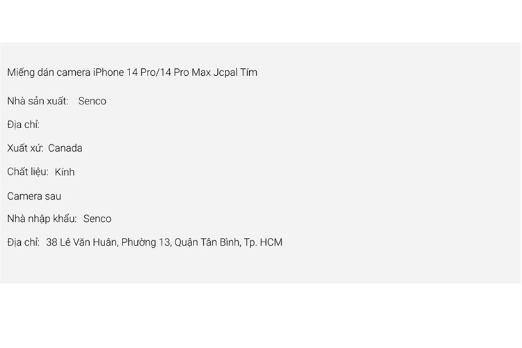 Miếng dán camera iPhone 14 Pro/14 Pro Max Jcpal Tím Màu Tím